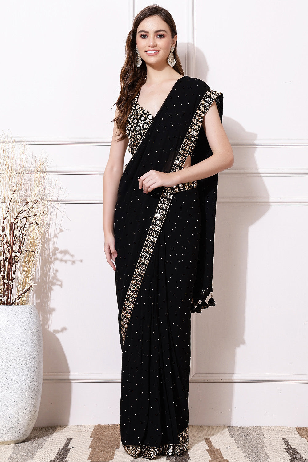 Black Color Georgette Mukesh Work and Mirror Work Saree with Readymade Blouse