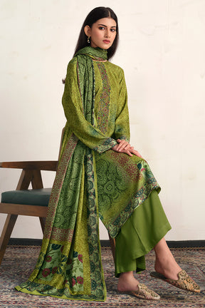 Green Color Spun Embroidered and Printed Unstitched Suit Material