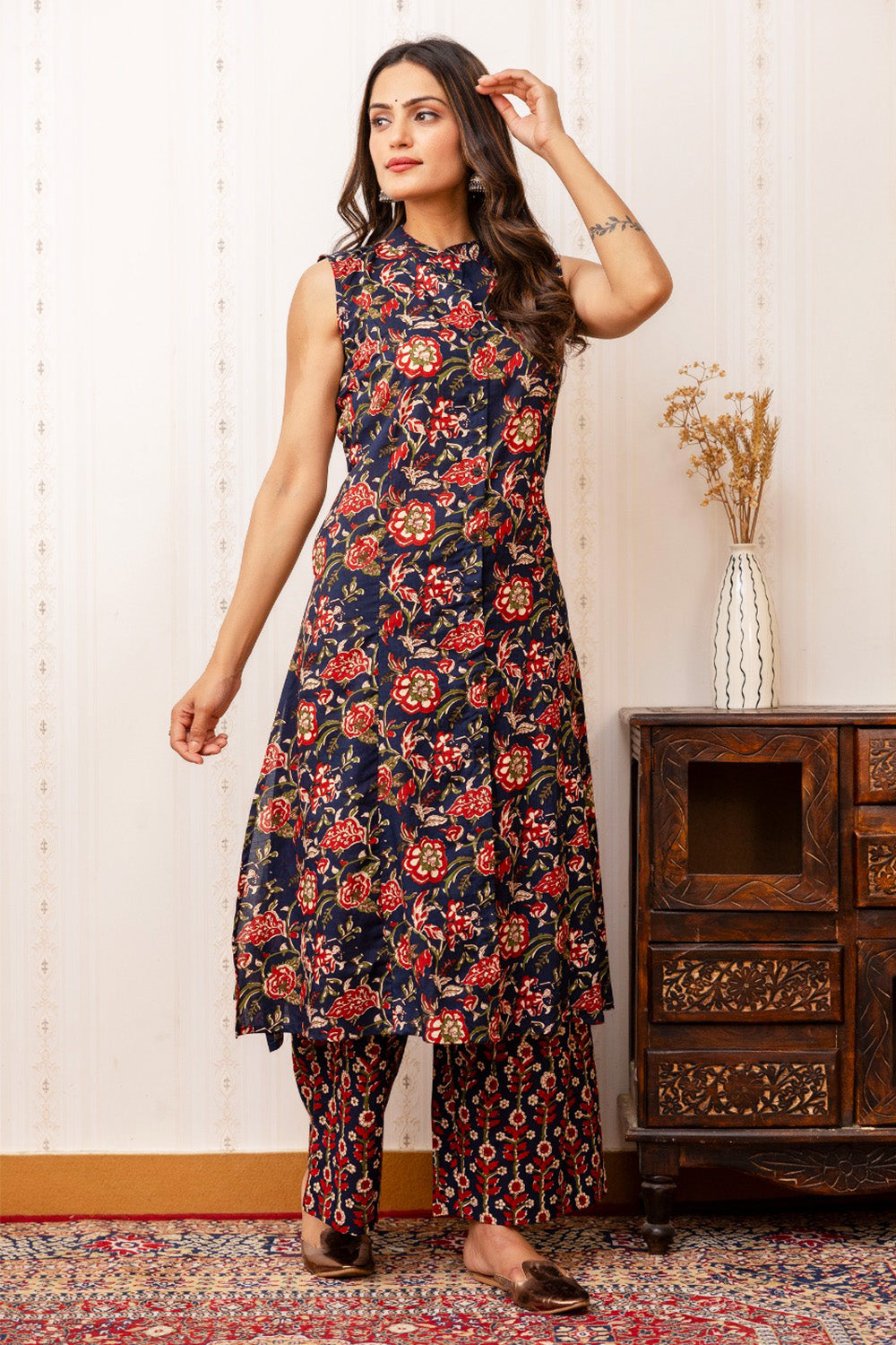 Navy Blue Color Floral Printed Cotton Kurta Set