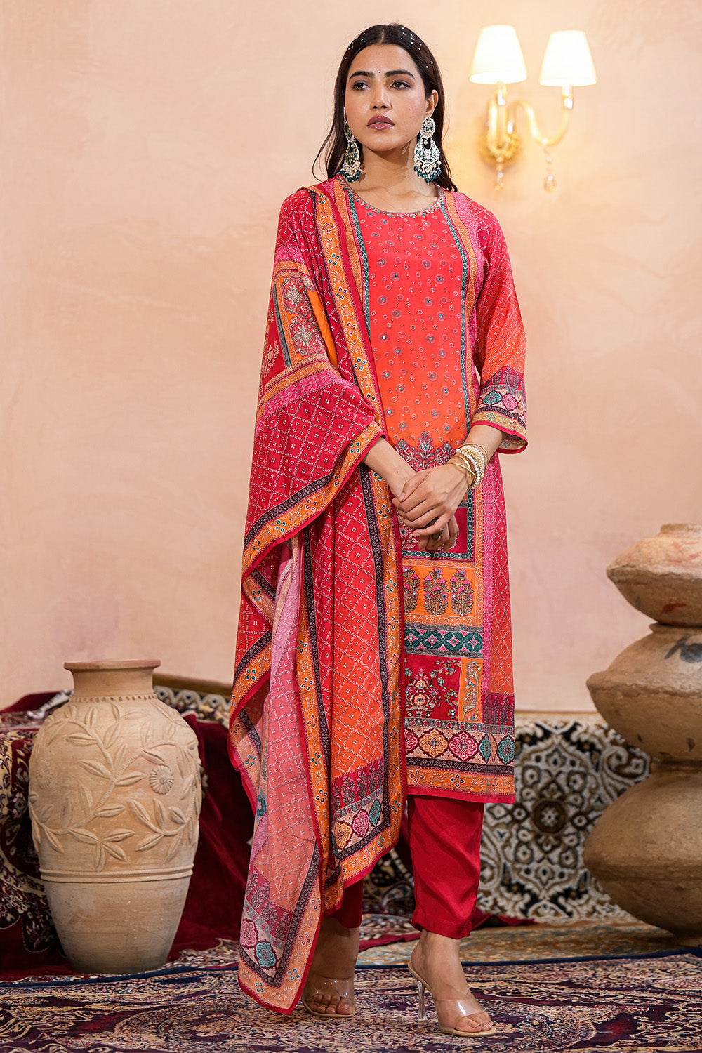 Red Color Muslin Printed Straight Suit