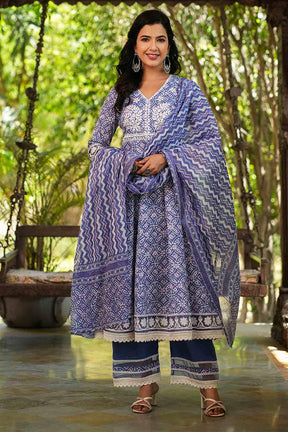 Blue Color Cotton Printed And Neck Embroidered Anarkali Suit