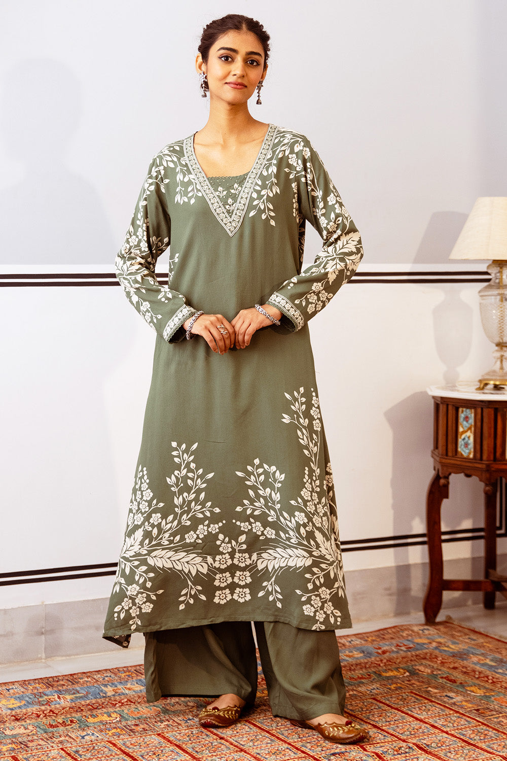 Green Color Floral Rayon Printed Kurta Set With Palazzo