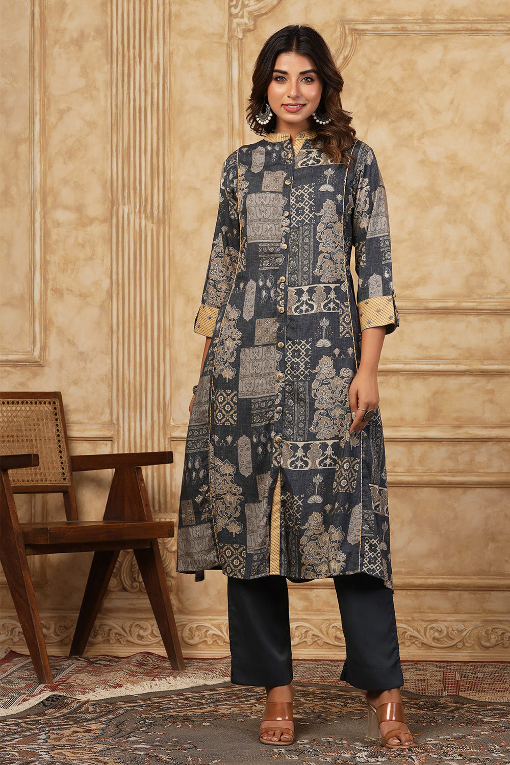 Grey Color Cotton Printed Kurta Set