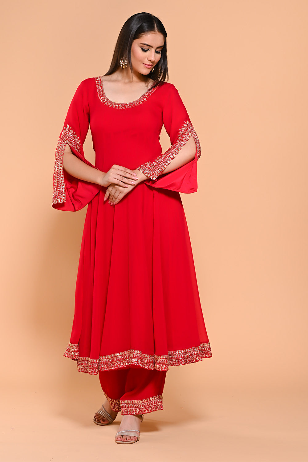 Red Color Georgette Designer Side Silts Sleeves Embroidered Anarkali Suit