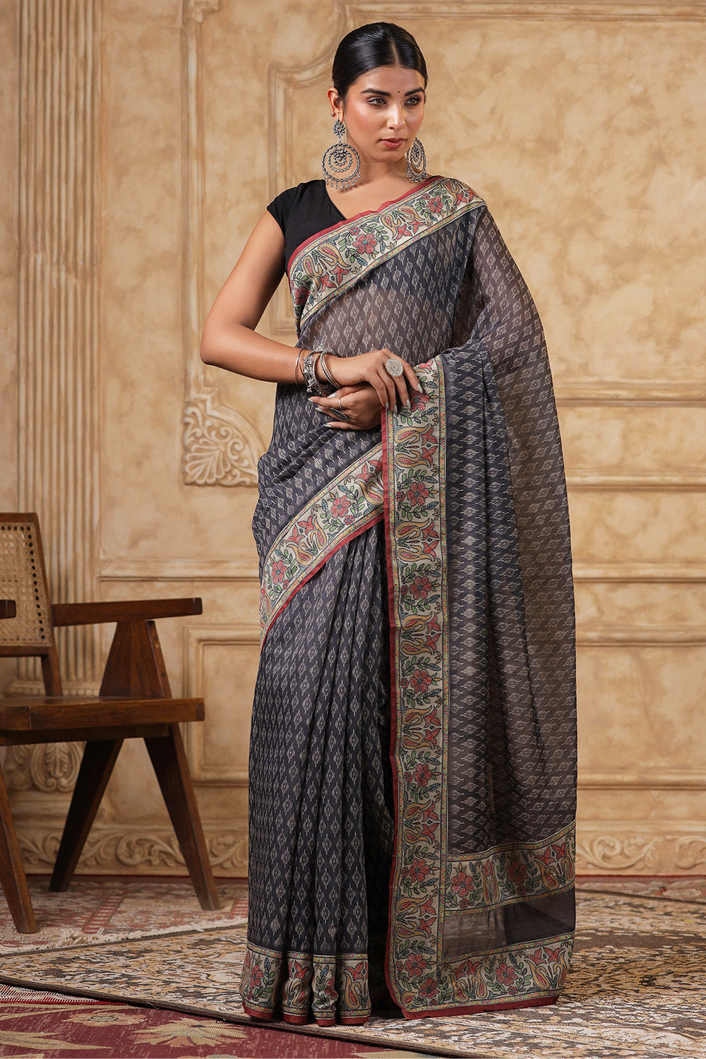 Grey Color Printed Cotton Saree