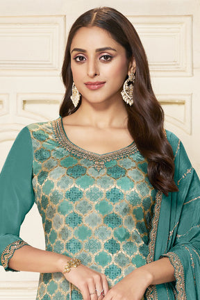 Sea Green Color Organza Silk Woven & Embroidered Suit with Sharara