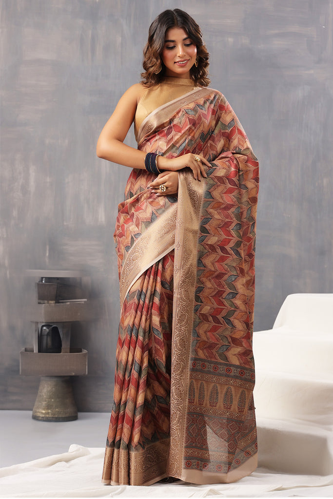 Brown Color Cotton Printed Saree