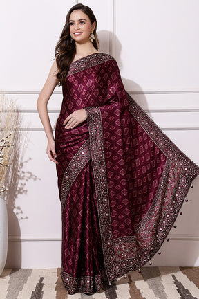 Dark Scarlet Color Aari Work Gajji Silk Saree