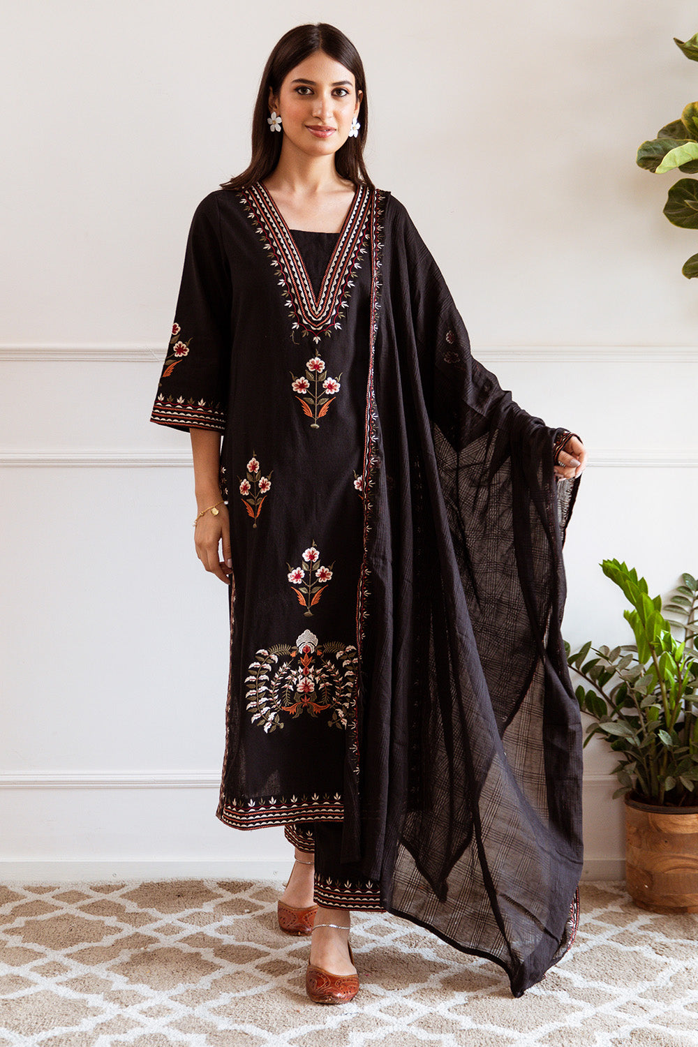 Black Color Cotton Resham Embroidered Straight Suit