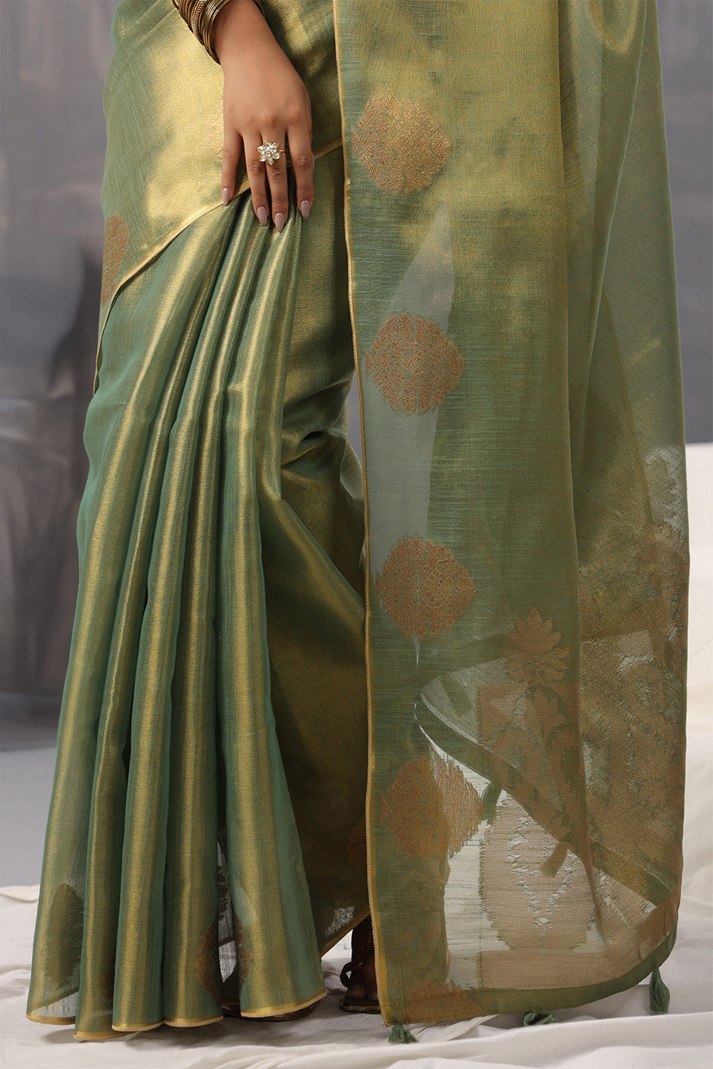 Green Color Organza Cotton Golden Zari Woven Saree