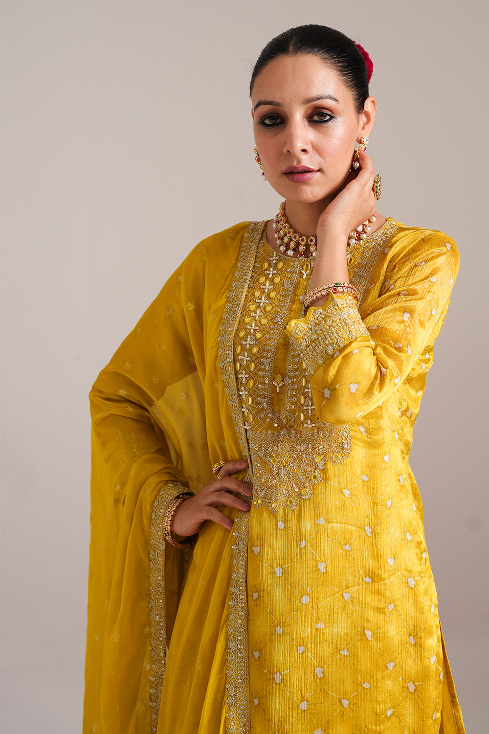 Mustard Color Silk Zari & Mirror Embroidered Suit With Palazzo