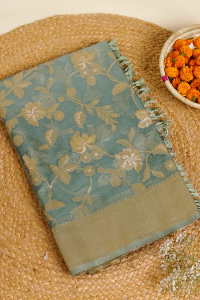 Teal Color Organza Golden Zari Woven Saree