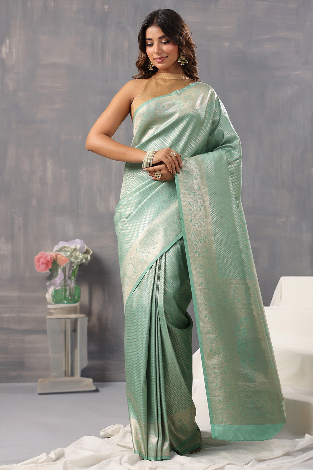 Sea Green Color Silk Woven Saree