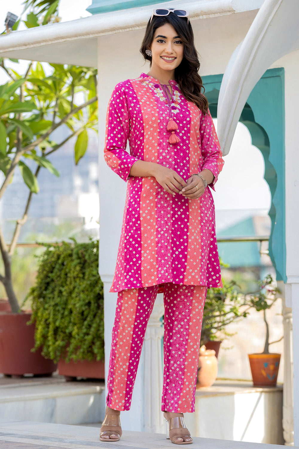 Pink & Orange Color Printed Rayon Suit