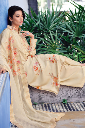 Cream Color Crepe Silk Printed Unstitched Suit Fabric