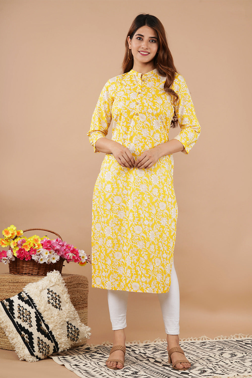 Yellow Colour Cotton Printed Long Kurti