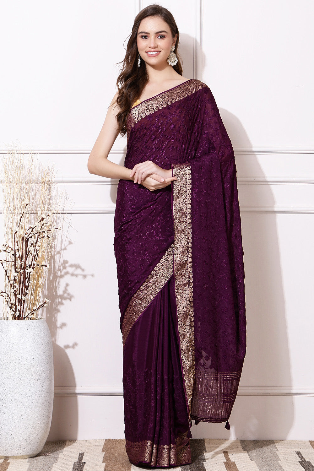 Dusty Purple Color Georgette Resham Embroidered Saree