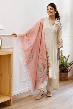 Cream Color Khadi Cotton Printed Suit