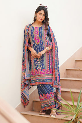 Navy Color Crepe Neck Embroidered & Printed Suit With Palazzo