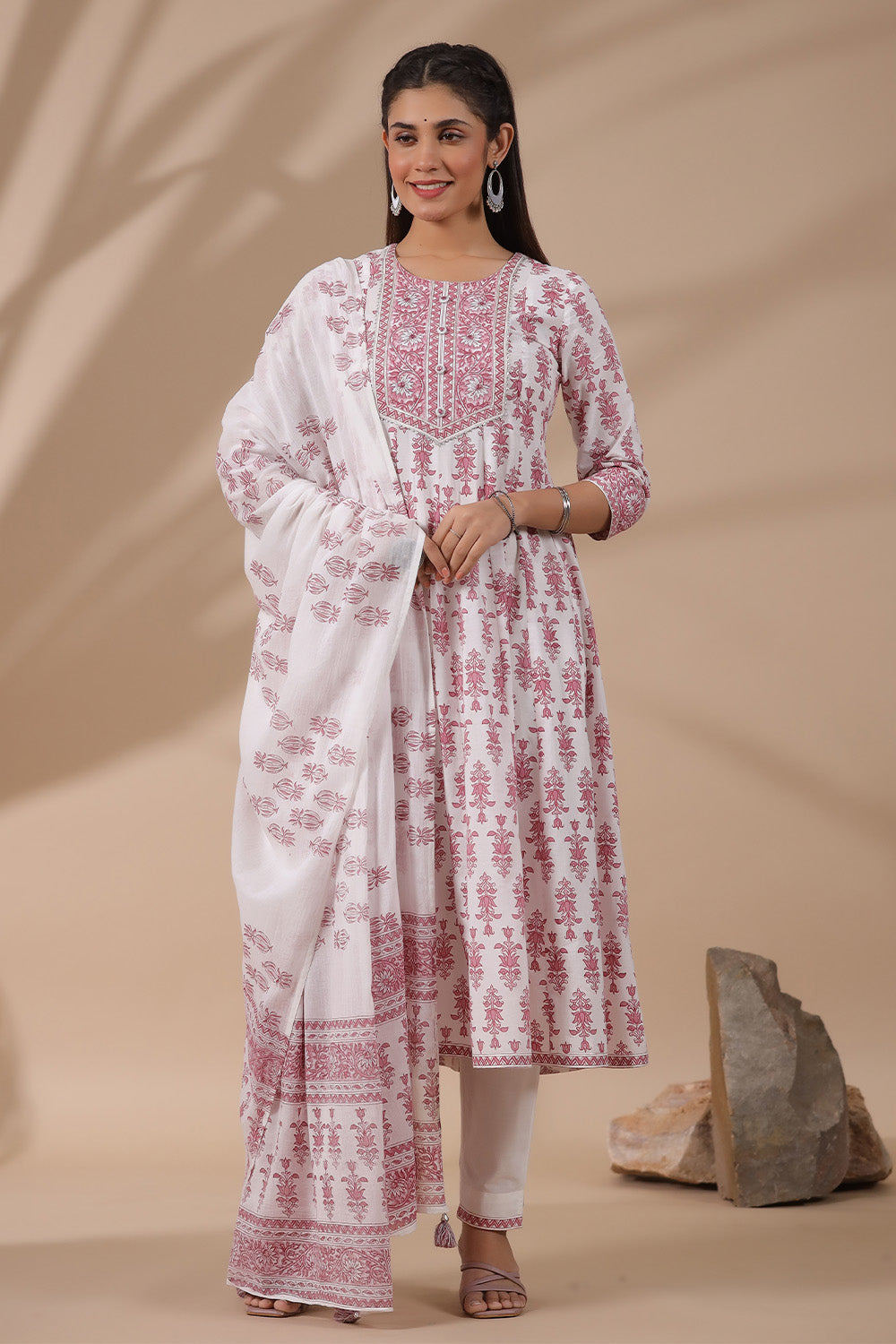 Cream & Rust Color Floral Printed Cotton Anarkali Suit