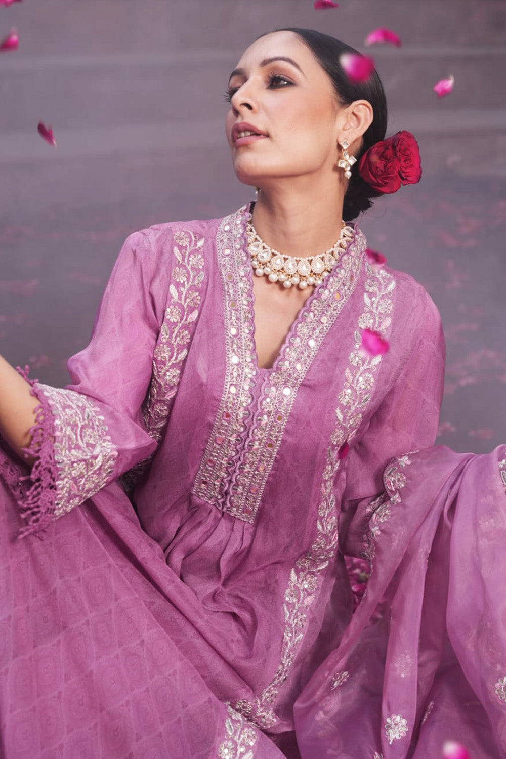 Mauve Color Chanderi Embroidered Anarkali Suit