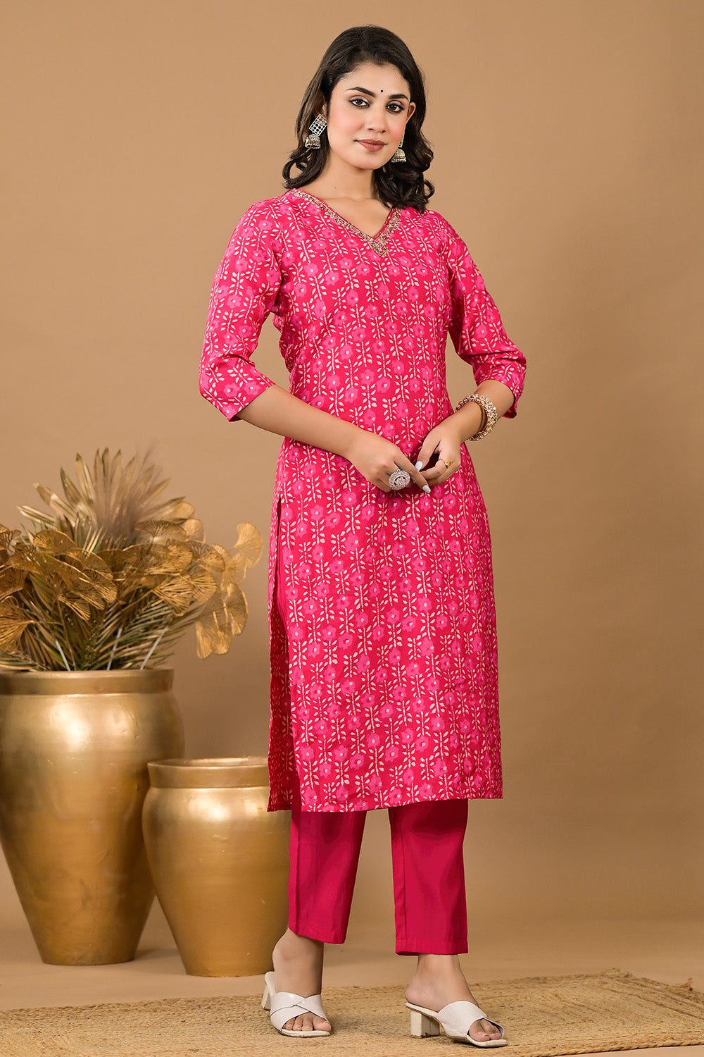 Raspberry Color Printed & Neck Embroidered Muslin Suit