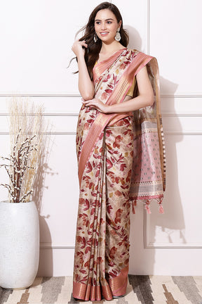 Beige Color Cotton Silk Floral Printed Saree