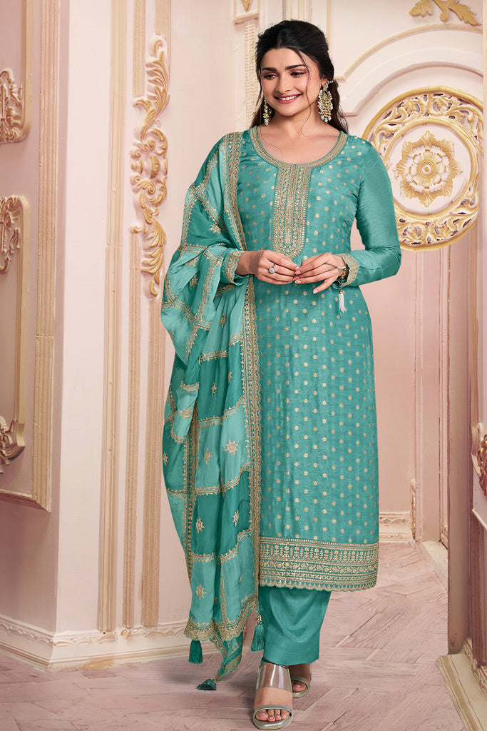 Turquoise Color Zari Embroidered Silk Unstitched Suit Fabric