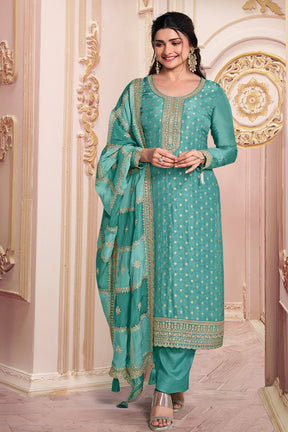 Turquoise Color Zari Embroidered Silk Unstitched Suit Fabric