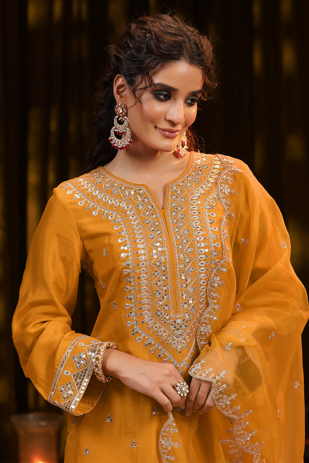 Mustard Color Crepe Silk Embroidered Suit