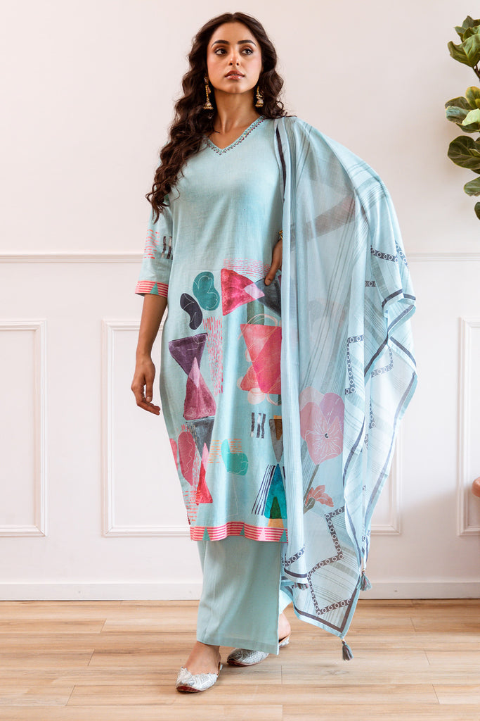 Sea Green Color Khadi Cotton Printed Suit