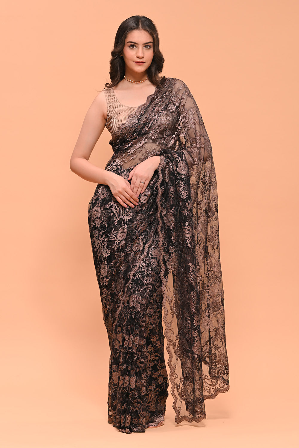 Black & Golden Net Emboridered And Swarovski worked Saree