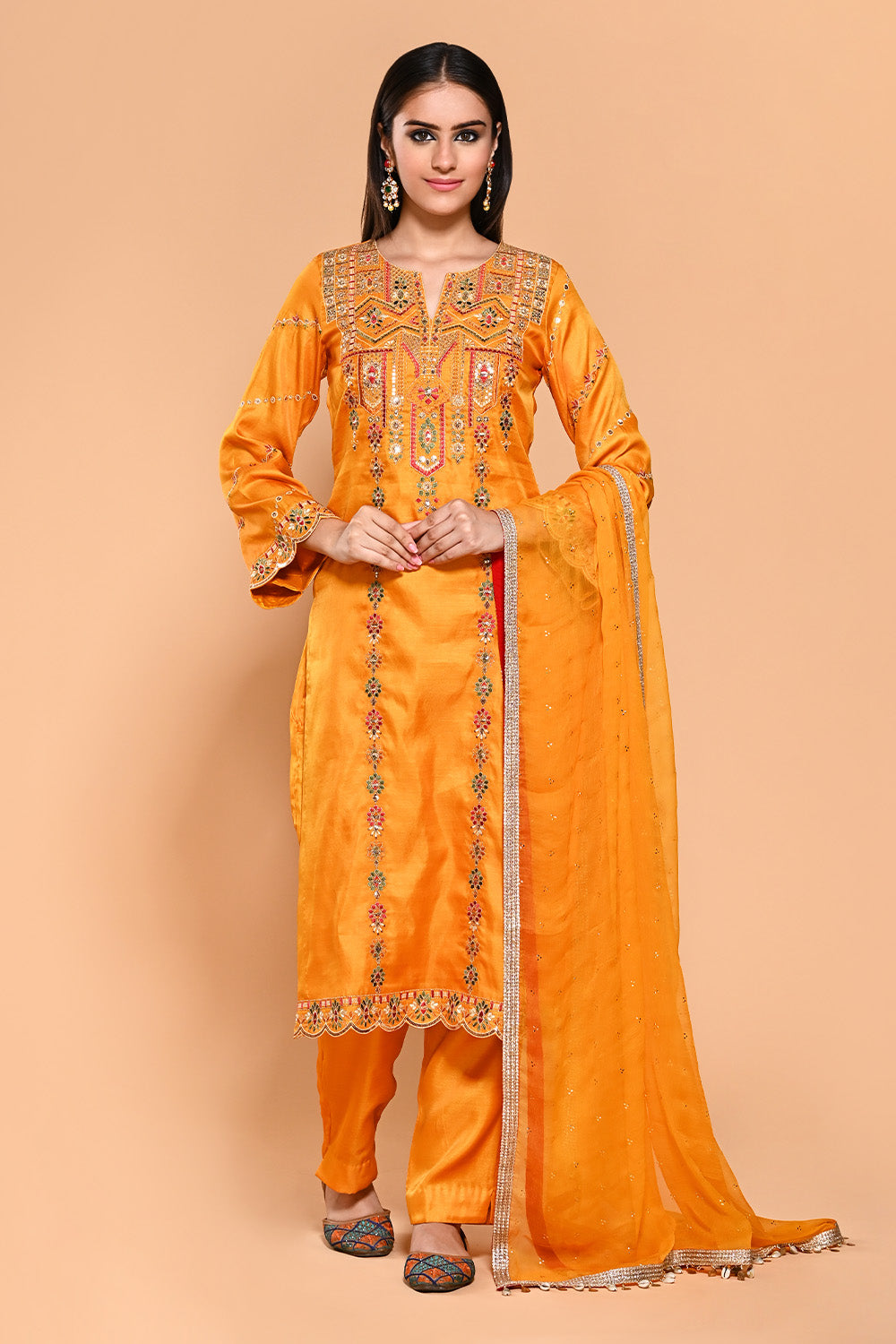 Mustard Color Dola Silk Resham & Zari Embroidered Suit