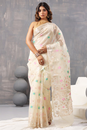 Cream Color Organza Woven Saree