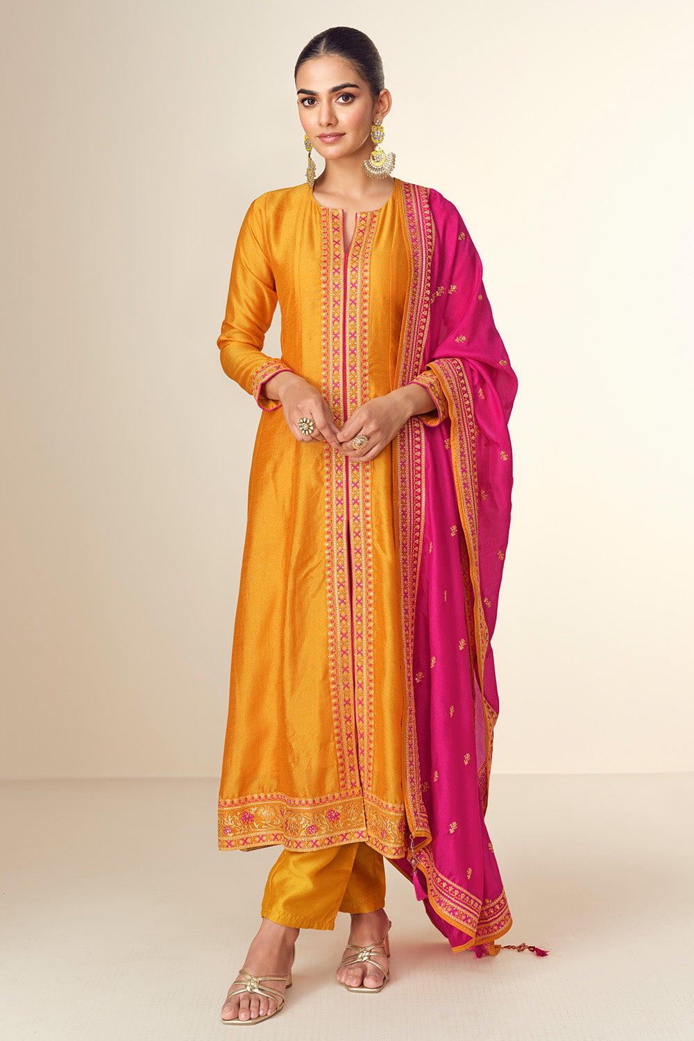 Mustard Color Embroidered Crepe Silk Suit