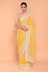 Pale Yellow Color Embroidered Crush Tissue Saree