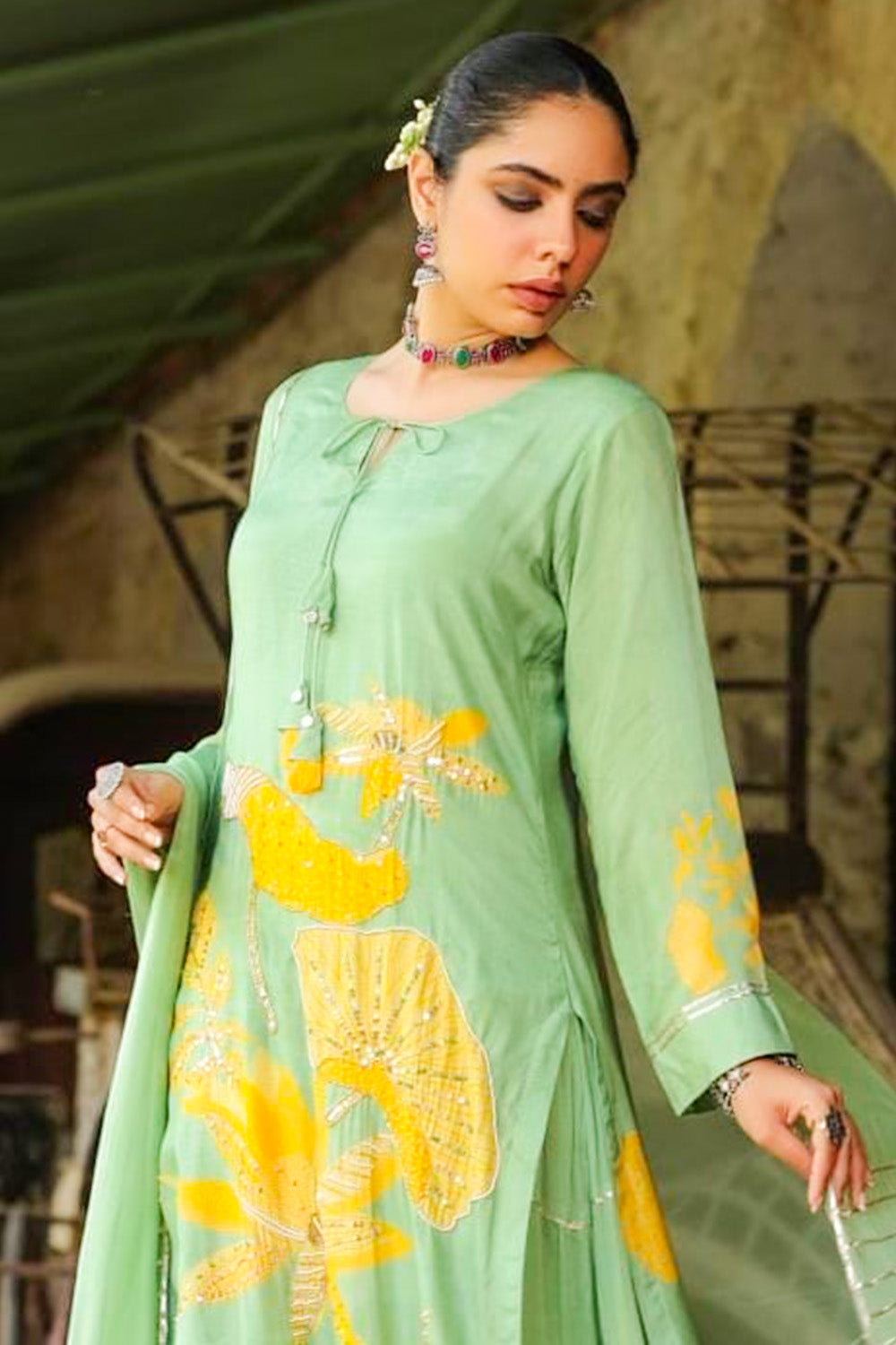 Pale Olive Color Muslin Printed Kurta Set With Attached Skirt