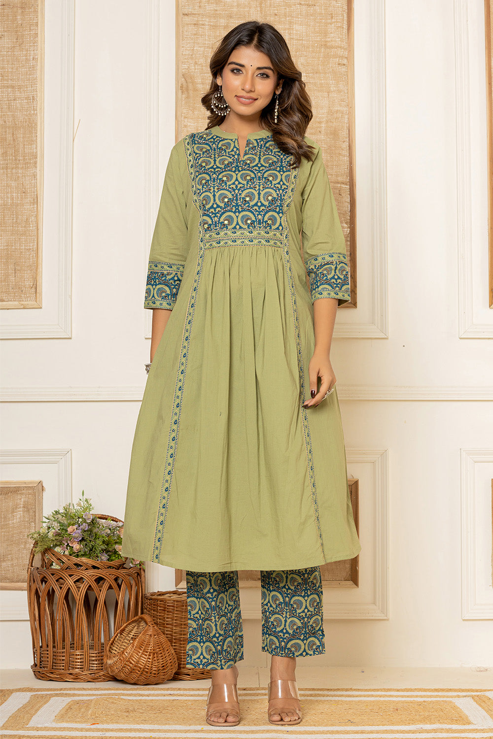 Sage Green Color Printed Cotton Anarkali Suit