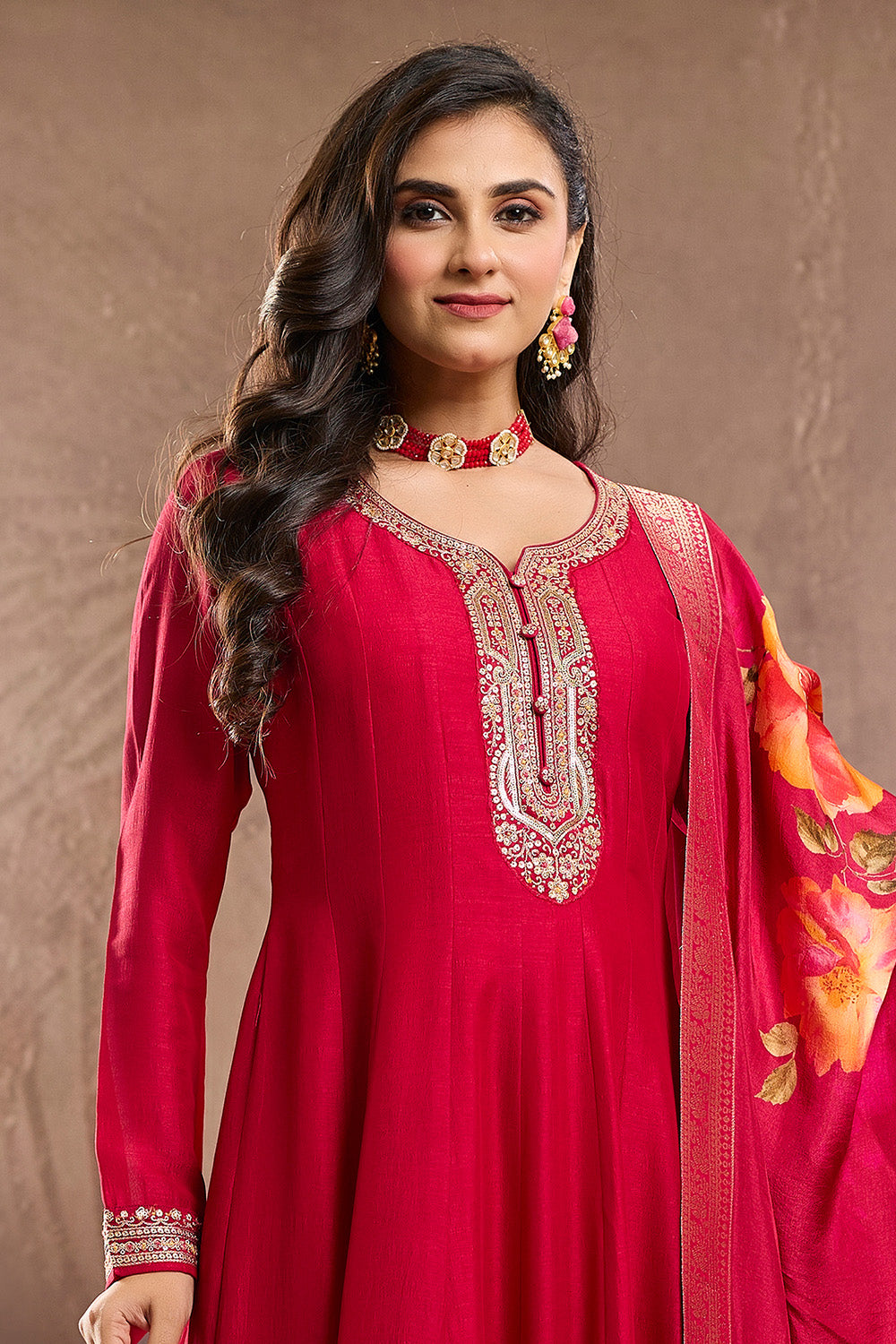 Fuchsia Pink Color Silk Embroidered Anarkali Kurti With Dupatta