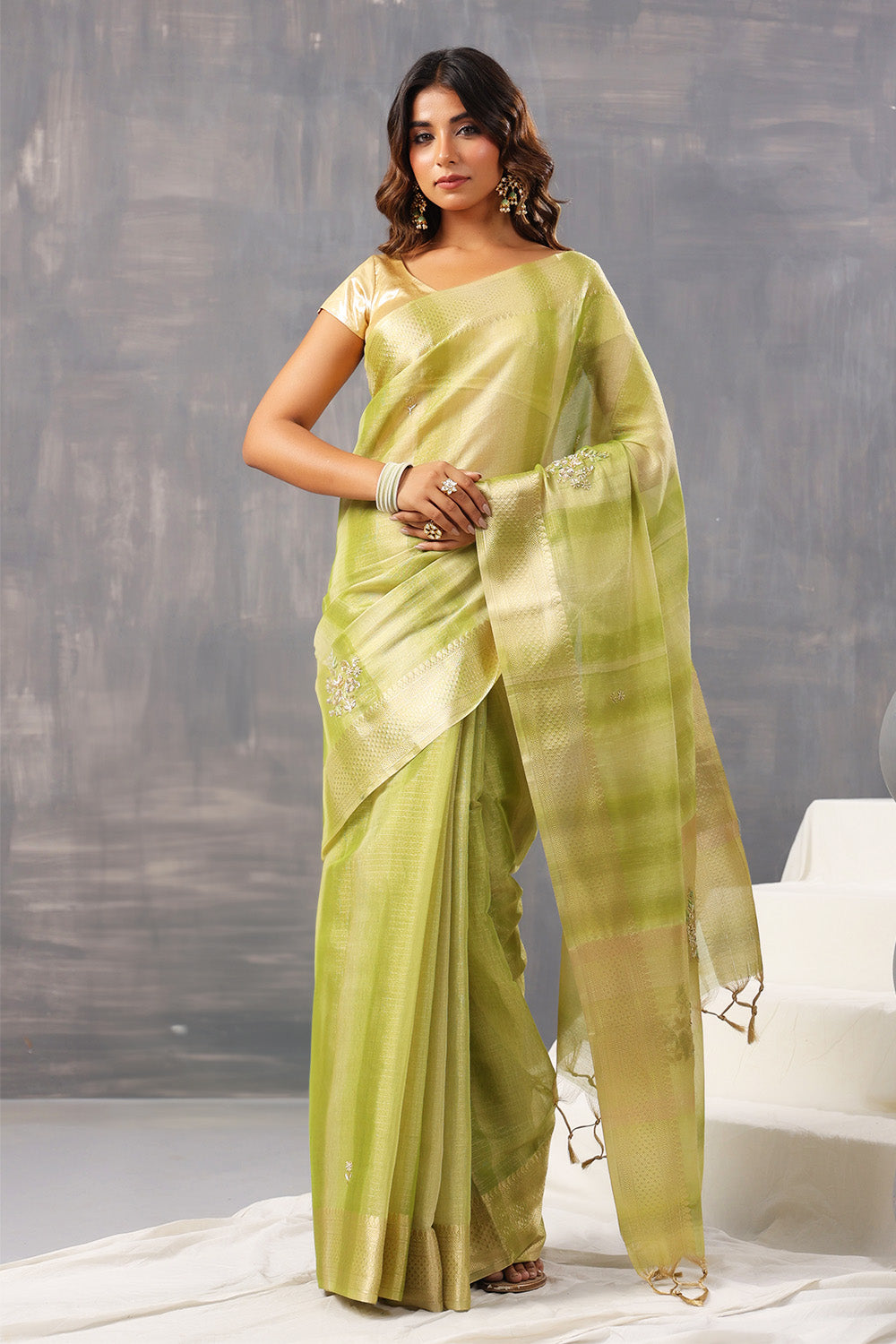 Green Color Organza Tissue Golden Zari Woven Saree