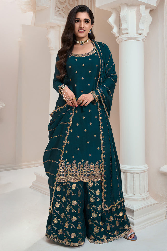 Teal Color Georgette Embroidered Unstitched Suit Material With Readymade Woven Palazzo