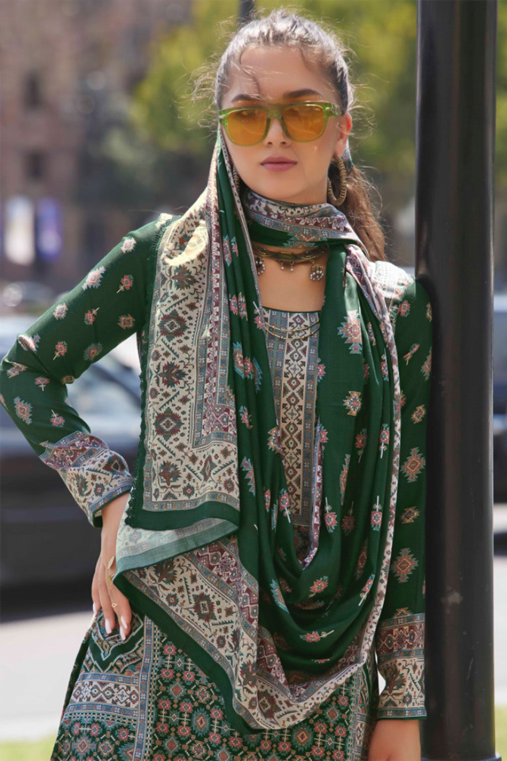 Bottle Green Color Pashmina Printed Unstitched Suit Material