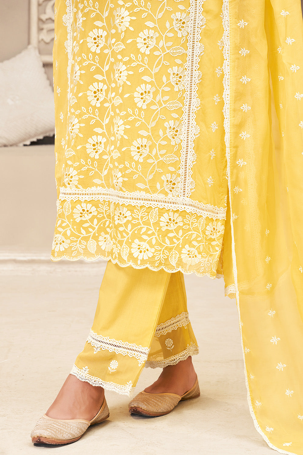 Yellow Organza Resham Embroidered Straight Suit with Lining
