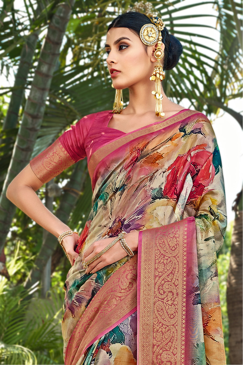 Burnt Pink Color Modal Silk Printed & Woven Saree