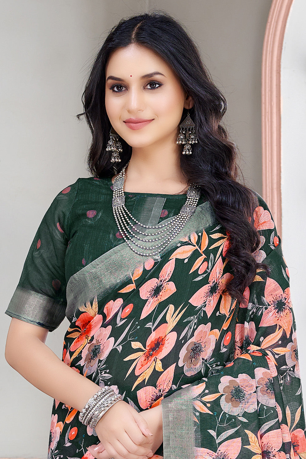 Bottle Green Color Cotton Printed Saree