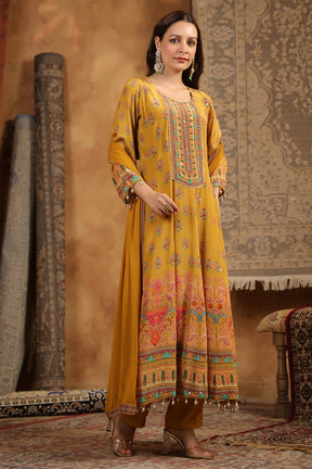 Mustard Color Crepe Silk Printed & Mirror Work Anarkali Suit