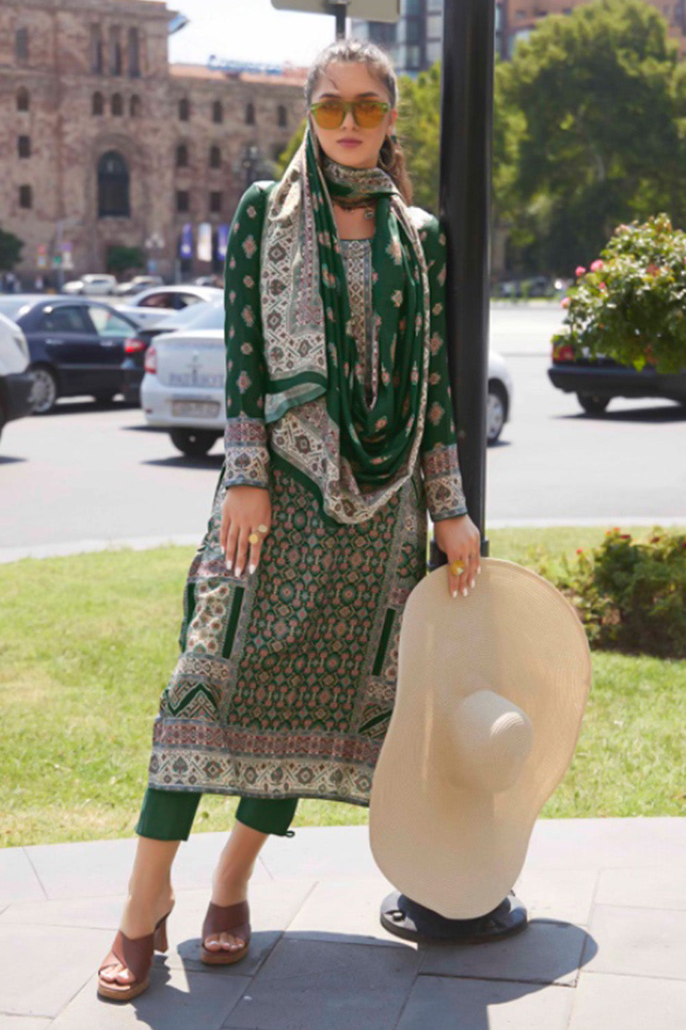 Bottle Green Color Pashmina Printed Unstitched Suit Material