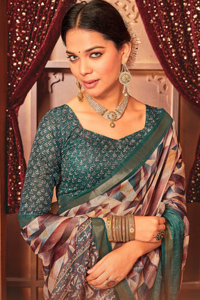 Beige & Bottle Green Color Digital Printed Cotton Saree