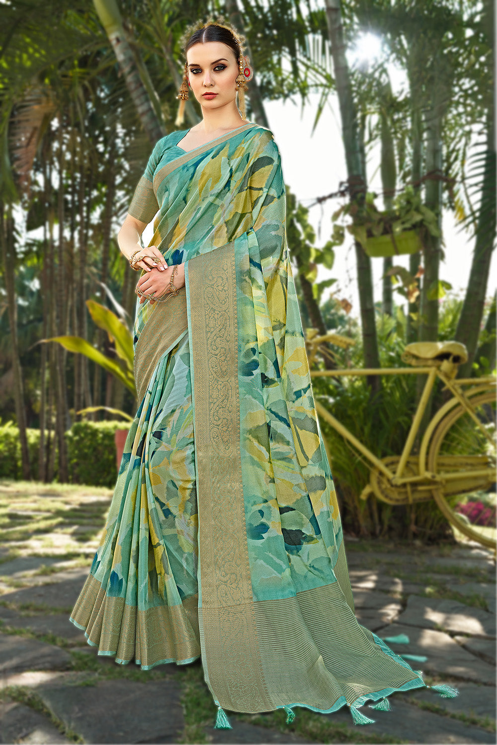 Sea Green Color Modal Silk Printed & Woven Saree