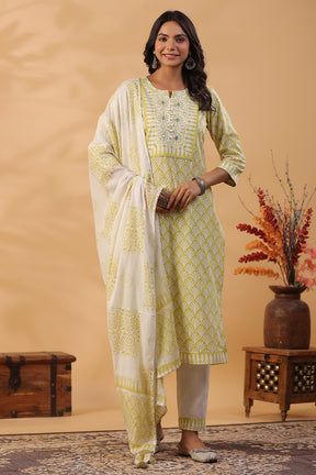 Lemon Green Color Printed Cotton Straight Suti